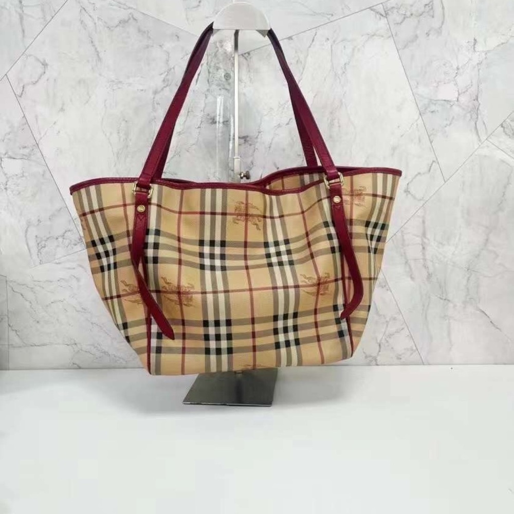 Burberry Beige Check Tote with Red Straps